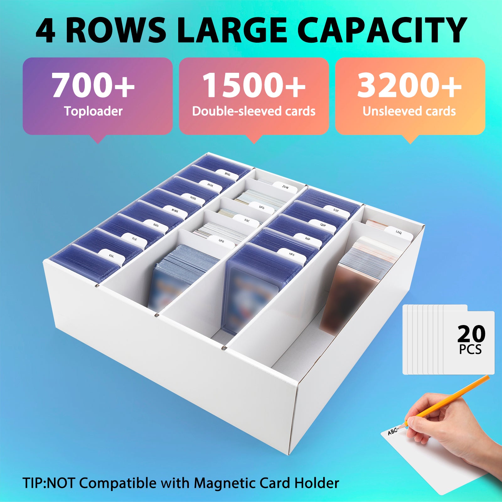 Trading Card Storage Box, 4 Row 3200 Count Collector Cards Box with Divider, White Corrugated Cardboard Compatible with Top Loader Organizer Sorting Tray Box for Sports Cards, MTG, TCG Cards (1-Pack)