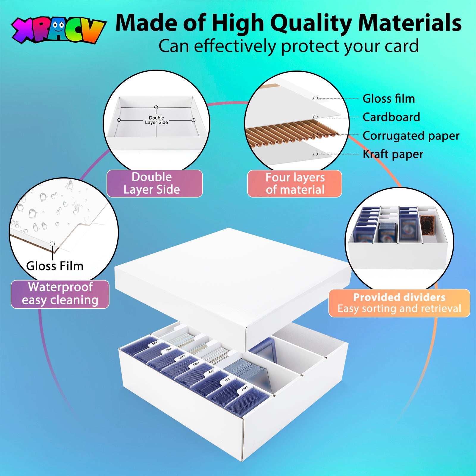 Trading Card Storage Box, 4 Row 3200 Count Collector Cards Box with Divider, White Corrugated Cardboard Compatible with Top Loader Organizer Sorting Tray Box for Sports Cards, MTG, TCG Cards (1-Pack)