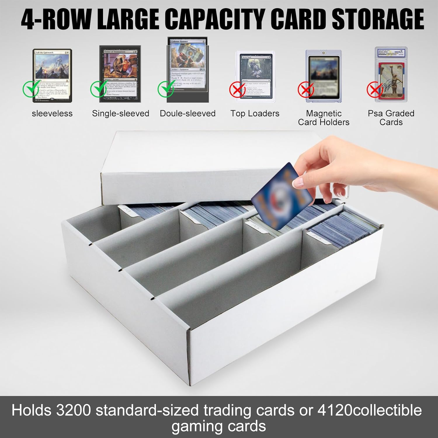 XRACV 4 Row Trading Card Storage Box, 2 Pack 3200 Count White Cardboard Storage Box with Supporters and Divider for Basketball/MTG/TCG/Sports/Game Cards Organizer and Collection