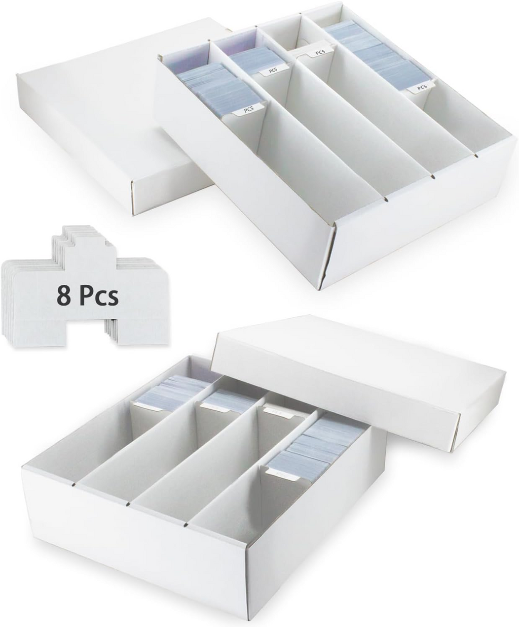 XRACV 4 Row Trading Card Storage Box, 2 Pack 3200 Count White Cardboard Storage Box with Supporters and Divider for Basketball/MTG/TCG/Sports/Game Cards Organizer and Collection