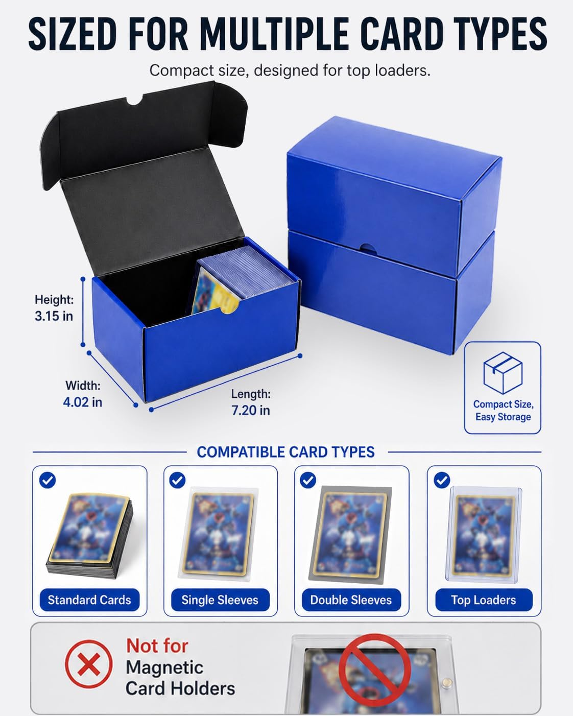 Top Loader Storage Box - 7 inch Toploader Box Holds 110+ Toploaders or 600+ Standard Cards, Glossy Blue Dual-Tone Trading Card Organizer for TCG, MTG & Sports Cards,for Card Collectors, 3 Pack