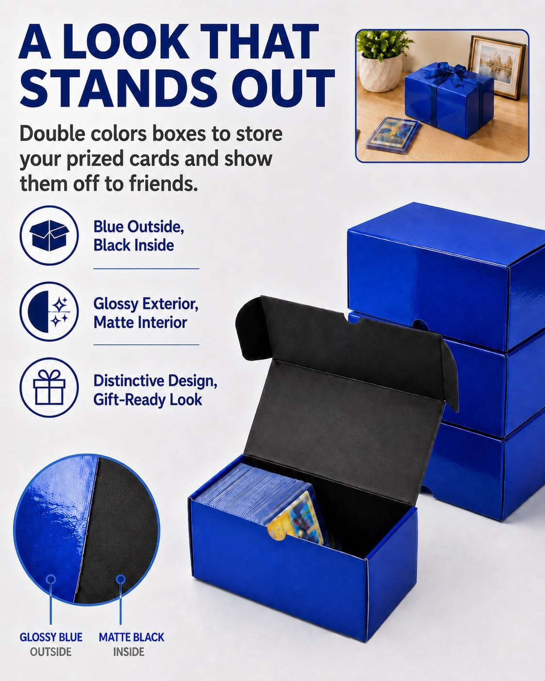 Top Loader Storage Box - 7 inch Toploader Box Holds 110+ Toploaders or 600+ Standard Cards, Glossy Blue Dual-Tone Trading Card Organizer for TCG, MTG & Sports Cards,for Card Collectors, 3 Pack