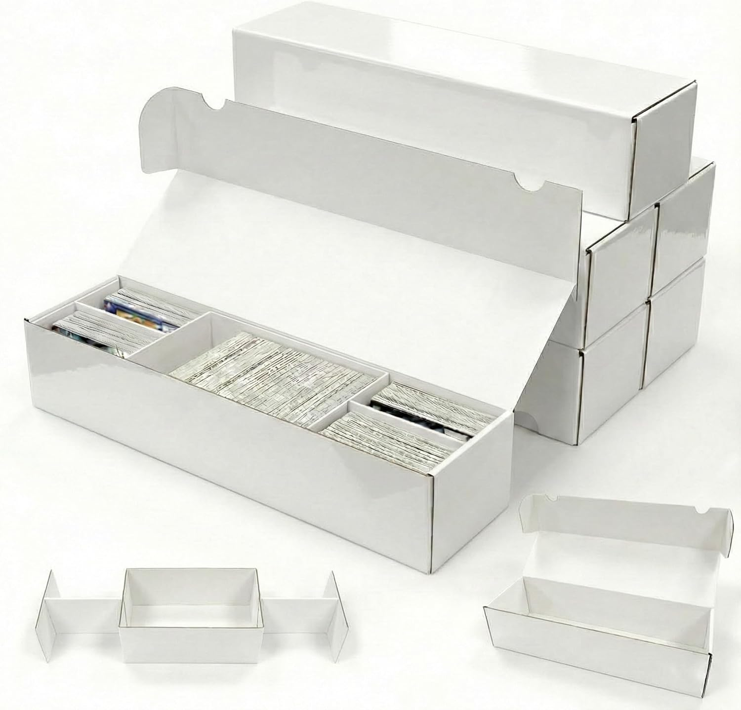 Laminated Trading Card Storage Box, 6-Pack Storage Card Box with 5-Compartment, Glossy White Cardboard Collector Box for TCG/Sports Cards Storage