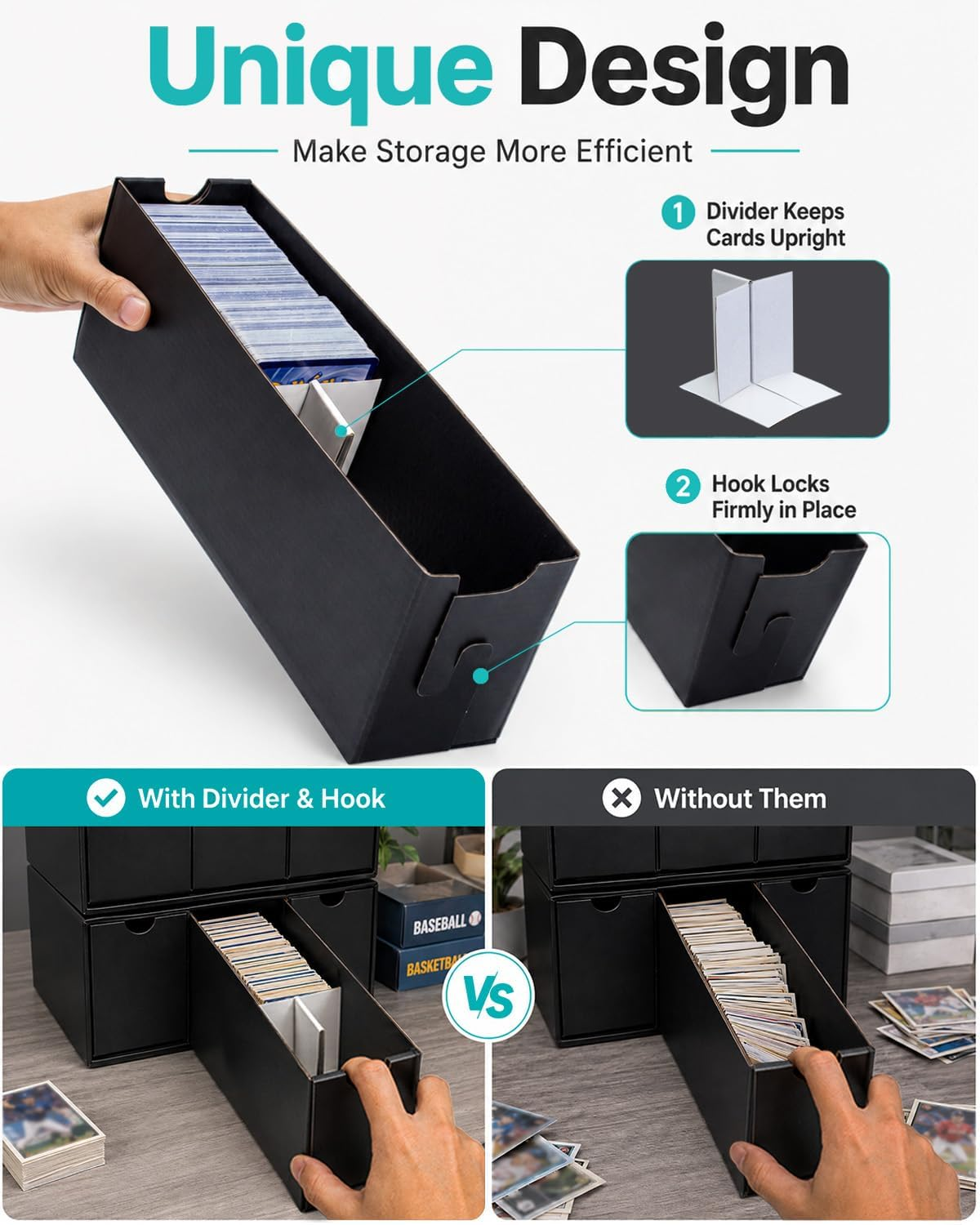 Trading Card Storage Box, 12 Drawer Standard Storage Box with 50 Card Dividers, Cardboard Trading Card Organizer for Collectible Cards Games,Card Box Fits For TCG,MTG,TCG(Black)