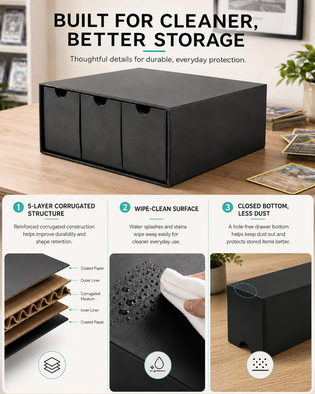 Trading Card Storage Box, 12 Drawer Standard Storage Box with 50 Card Dividers, Cardboard Trading Card Organizer for Collectible Cards Games,Card Box Fits For TCG,MTG,TCG(Black)