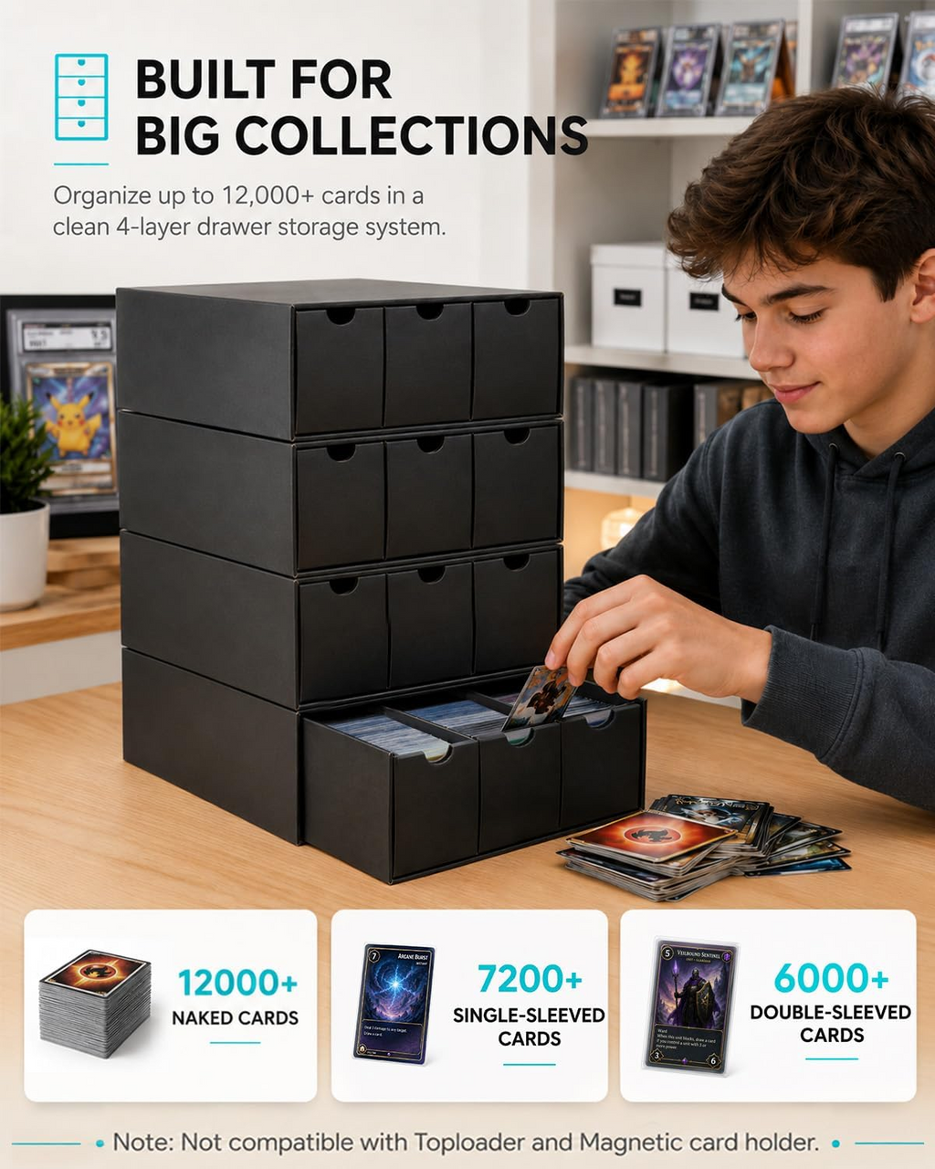 Trading Card Storage Box, 12 Drawer Standard Storage Box with 50 Card Dividers, Cardboard Trading Card Organizer for Collectible Cards Games,Card Box Fits For TCG,MTG,TCG(Black)