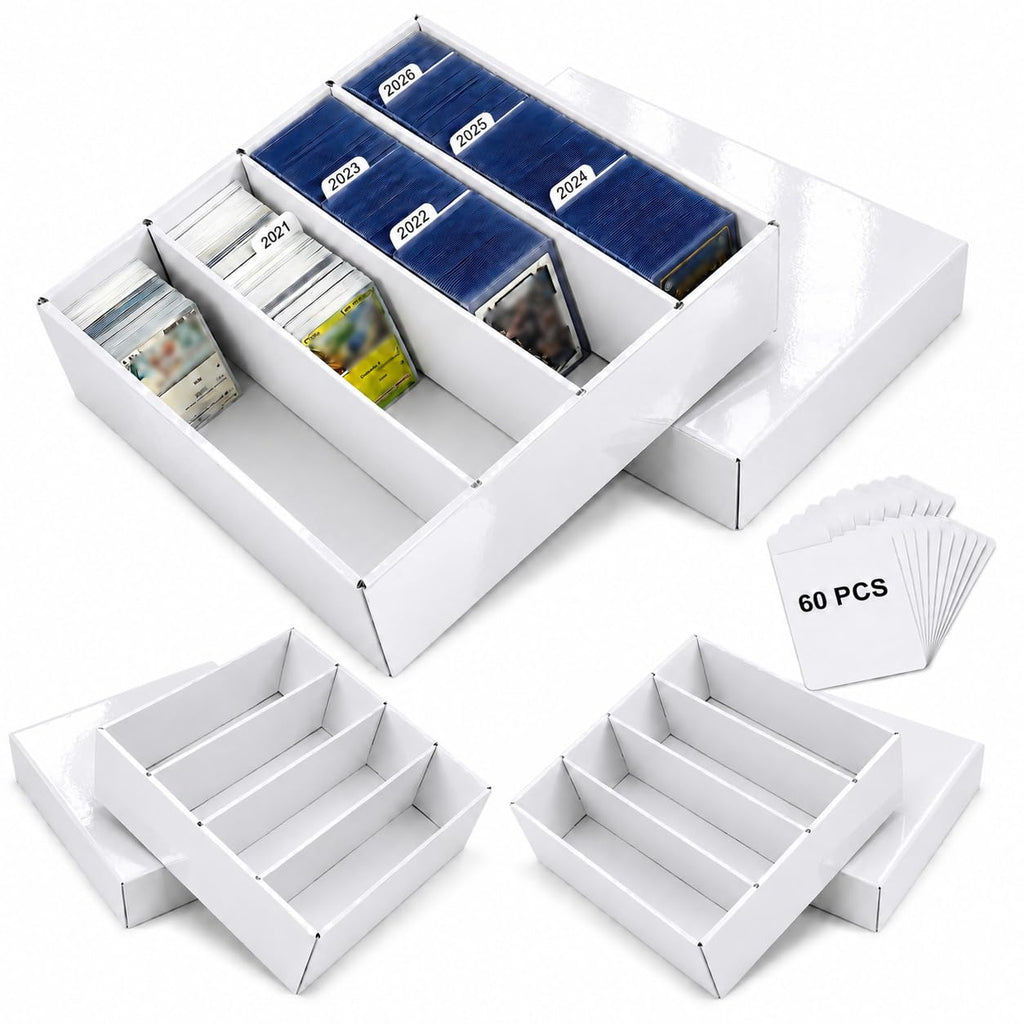 XRACV 3 Pack 4 Row Trading Card Storage Box with Dividers, Fits 700+ Toploaders or 3800+ TCG Cards, Heavy Duty Double Wall Cardboard Card Storage Box for Bulk Card Storage,Sports,MTG&PKM Card Storage