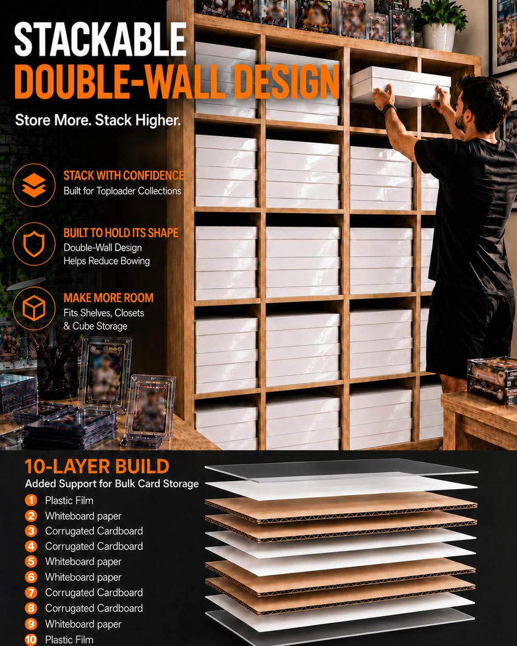 XRACV 4 Row Trading Card Storage Box with Dividers, Fits 700+ Toploaders or 3800+ TCG Cards, Heavy Duty Double Wall Cardboard Card Storage Box for Bulk Card Storage,Sports,MTG&PKM Card Storage