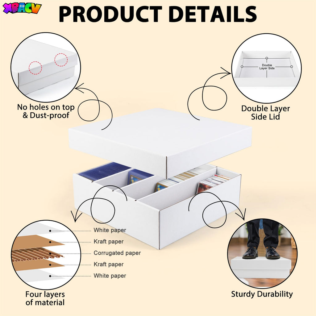 XRACV 5-Pack Toploader Trading Card Storage Box, 4 Row 3200 Count White Cardboard Storage Box for Basketball/MTG/TCG/Sports/Game Cards Organizer and Collection