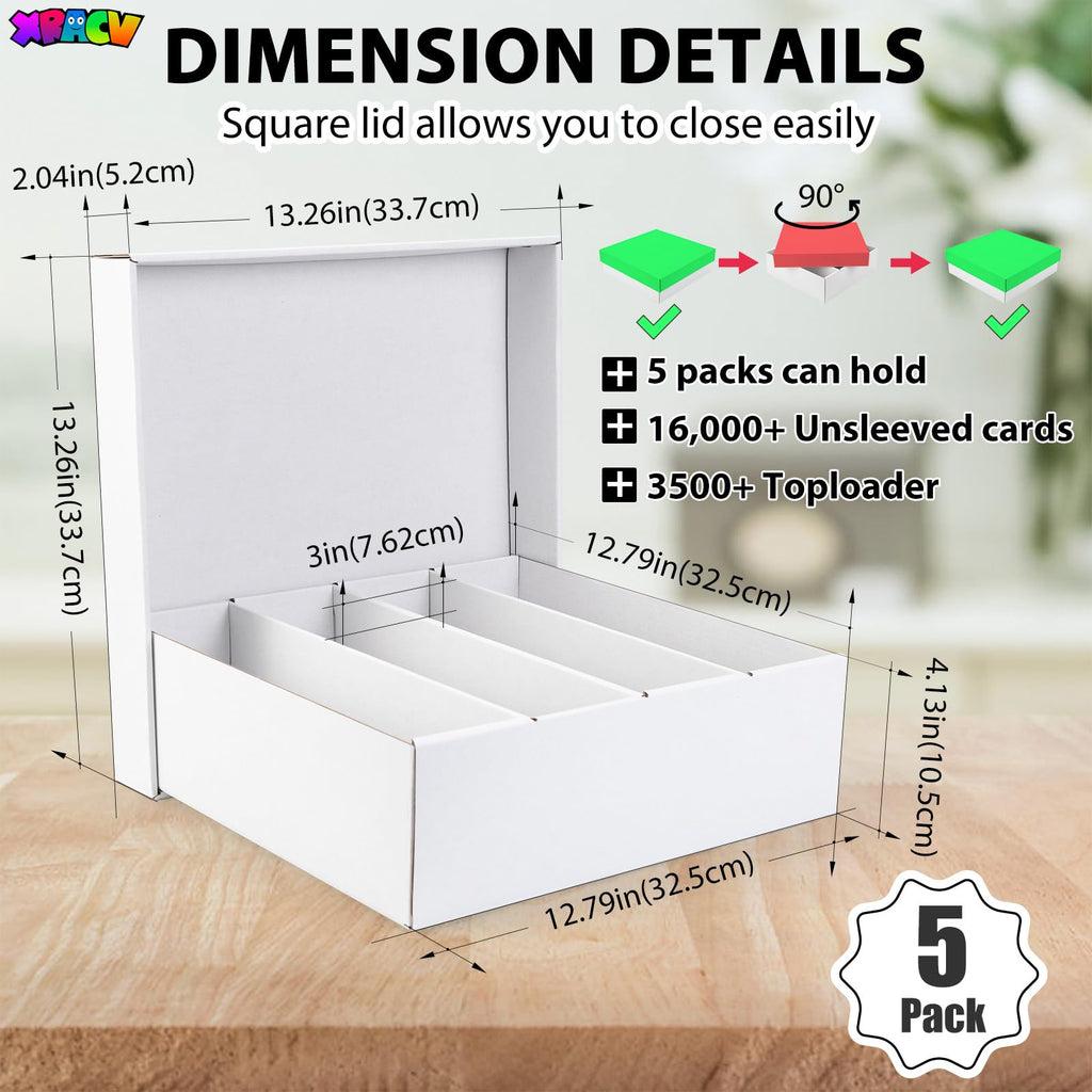 XRACV 5-Pack Toploader Trading Card Storage Box, 4 Row 3200 Count White Cardboard Storage Box for Basketball/MTG/TCG/Sports/Game Cards Organizer and Collection