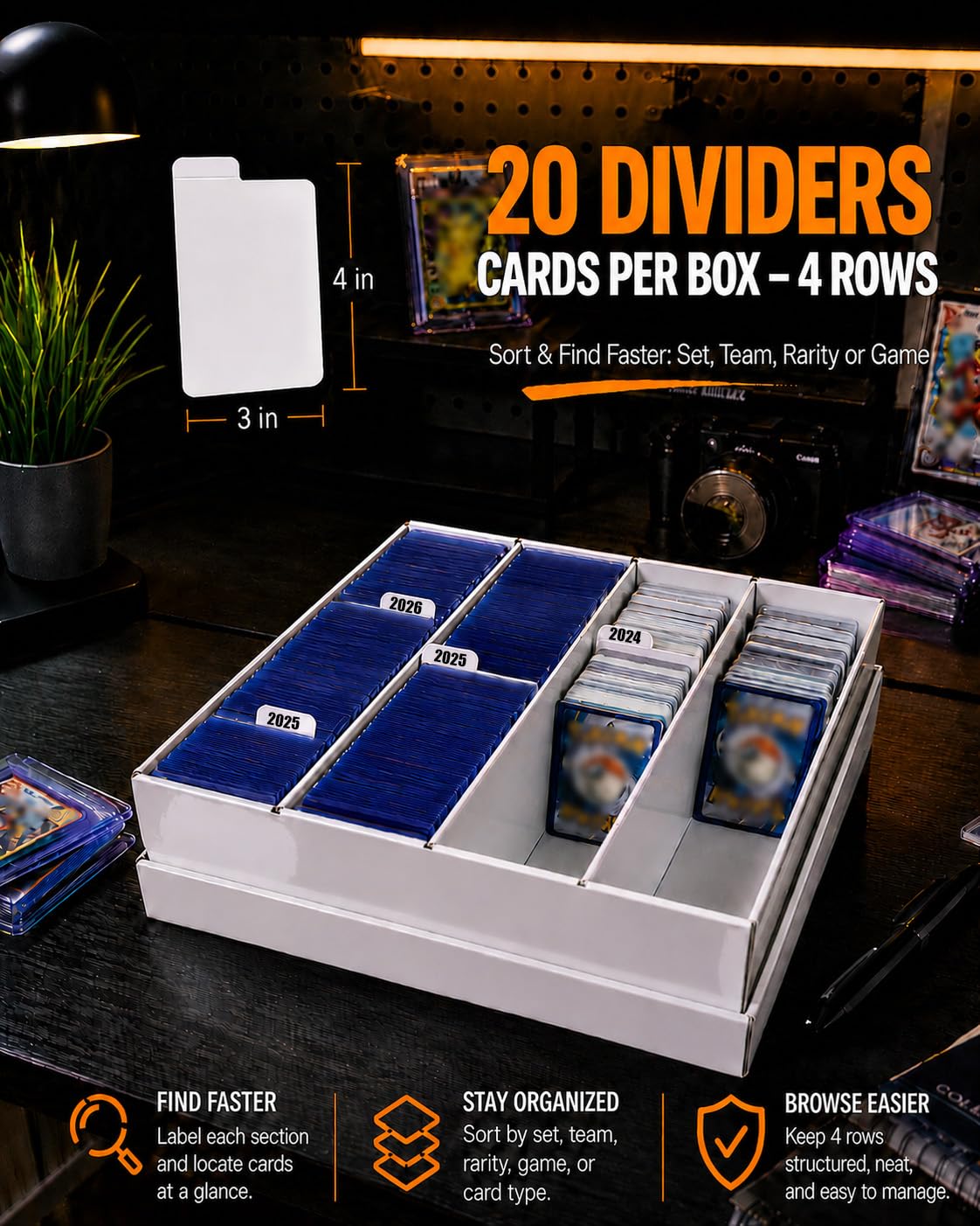 XRACV 3 Pack 4 Row Trading Card Storage Box with Dividers, Fits 700+ Toploaders or 3800+ TCG Cards, Heavy Duty Double Wall Cardboard Card Storage Box for Bulk Card Storage,Sports,MTG&PKM Card Storage